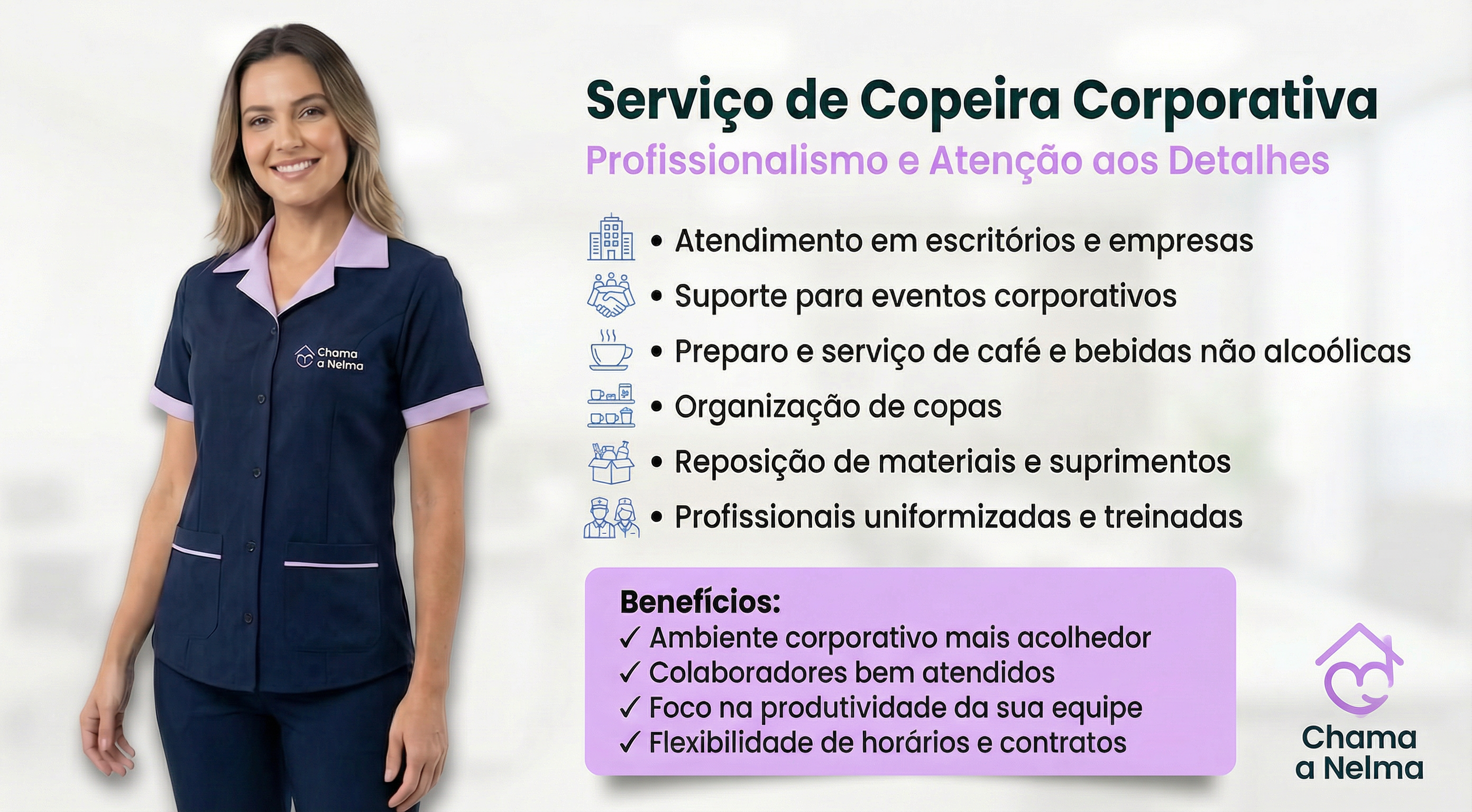 Copeira profissional servindo café em ambiente corporativo